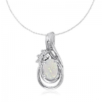 14K White Gold Oval Opal and Diamond Teardrop Pendant (18 Chain)