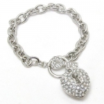 Gorgeous Silver Tone Rhodim Plating Puff Pave Heart Charm Bracelet with Crystal Key Toggle Clasp