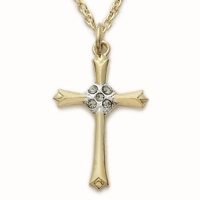 3/4 Sterling Silver 14k Gold Finish Cross Necklace with Crystal Cubic Zirconia Stones on 18 Chain