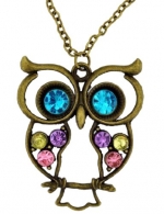Brass Plated Rhinestone Long Owl Necklace, Large Pendant Owl Necklace