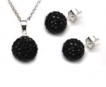 Sterling Silver Black Crystal Ball Earrings Pendant Set (w/ 18 Inch Chain)