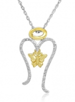 Miracles 14K Gold over Sterling Silver Diamond Angel with Butterfly Pendant-Necklace