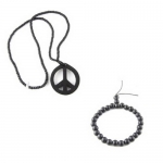 FN-5579 2-In-One Price-Peace Sign Necklace w/ Black Stretchable Bead Bracelet