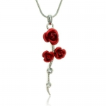Silvertone Red Rose Crystal Stem Pendant Necklace