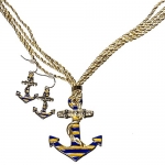 Goldtone Rope with Blue and Yellow Anchor Necklace and Earring Set