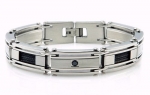 Tioneer Men's Stainless Steel Bracelet w/ Black Cubic Zirconia Set 8.75