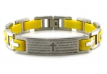 Tioneer Stainless Steel Lord's Prayer ID Biker Bracelet w/ Yellow Rubber Links 8.5