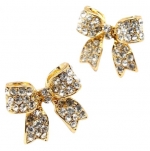 Adorable 3/4 Ribbon Bow Stud Earrings with Sparkling Clear Austrian Crystals - Gold Tone