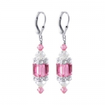 Sterling Silver 8mm Cube Pink Crystal Rondell Bead Accents Earrings Made with Swarovski Elements