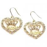 Gold Tone Designer Inspired Heart and Crown Crystal Fashion Earrings Girls Teens Women