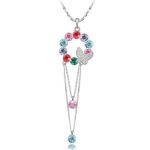 Women's Butterfly Wreath Pendant Sweater Necklace with Cubic Zirconia Accents