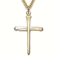 14k Gold Plating Over Sterling Silver 1 1/4 2-tone Polished Nail Cross Necklace on 24 Chain