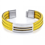 Mens Modern Yellow Woven Leather and Stainless Steel Bracelet