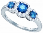 Ladies 10K White Gold 3 stone Blue Diamond Flower Engagement Ring