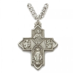 Sterling Silver Four Way Medal for Catholic Man on 24 Stainless Steel Rhodium Finish Chain