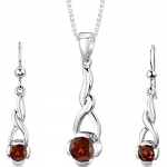 Sterling Silver Rhodium Nickel Finish 2.25 carats total weight Round Shape Garnet Pendant Earrings and 18 inch Necklace Set