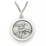 Sterling Silver 3/4 Round Soccer Player Medal with Cross on Back on 20 Chain
