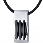 Mens Stainless Steel Pendant with Triple Stripe Black Accents on Black Cord Necklace