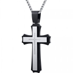 Extra Large CZ Accent Black and Brushed Stainless Steel Cross Pendant With 24 inch Wheat Chain