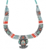 Beaded Turquoise Coral and Sterling Silver Necklace, Tibetan Silver Statement Necklace