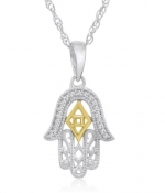Diamond Hamsa Pendant-Necklace in Sterling Silver and 14K Yellow Gold