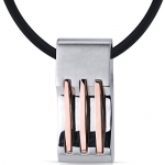 Mens Stainless Steel Pendant with Triple Stripe Rose Color Accents on Black Cord Necklace
