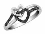 Black Diamond Double Heart Promise Ring in Sterling Silver, Size 7