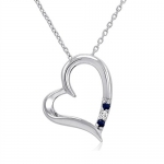 3 Stone Sapphire and Diamond Open Heart Pendant Necklace in Sterling Silver (18 Chain)
