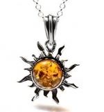 Honey Amber and Sterling Silver Flaming Sun Pendant, 18