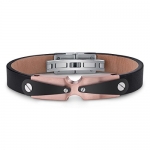 Mens Stainless Steel and Leather Bracelet with Industrial Black and Rose Color Accents