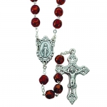 19 & 1/2 Inch 8 Millimeter Red Glass Bead Gold Accents Rosary With Miraculous Center.