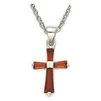 Sterling Silver Girl's January Birthstone Cross Necklace on 16 Inch Silver Plated Rhodium Finish Chain