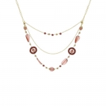 Extra Long Hanging Multi Strands Pink Colored Beaded Fashion Necklace with Yellow Gold Plated Chain - 48