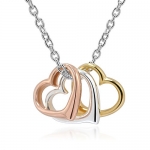 Sterling Silver Three Tone 18K Pink Gold, Gold, Silver Triple Hearts Pendant Love Necklace 16-18'', Women Jewelry