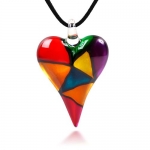 Hand Blown Venetian Murano Glass Multi-Colored Mosaic Design Heart Pendant Necklace 18''-20''