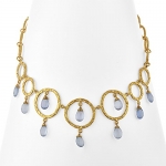 18K Yellow Gold Circles w/ Dangling Light Blue Chalcedony Necklace, Artisan Semigemstones Jewelry