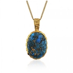 Stunning 18K Yellow Gold Single Chain Copper Turquoise Oval Pendant Necklace, Artisan Jewelry 17-19