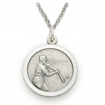 Sterling Silver 3/4 Round Baseball Player Medal with St. Christopher on the Back on 20 Chain