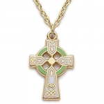 10k Gold Filled 5/8 Engraved Celtic Cross Necklace with Green Enamel on 18 Chain