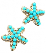 Fancy Sparkling Crystal and Faux Turquoise Beaded Starfish Gold Tone Stud Earrings for Teens and Women