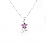 18K White Gold Plated Necklace/Pendant - Pink Flower w/ Leaf CZ Pendant [FN-5705-PINK]