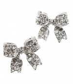 Adorable 3/4 Ribbon Bow Stud Earrings with Sparkling Crystals Silver Tone for Girls Teens Women