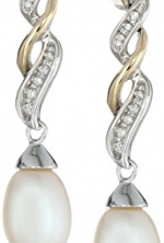 S&G Sterling Silver and 14k Yellow Gold Freshwater Cultured Pearl and Diamond Drop Earrings (9.5-10 mm)