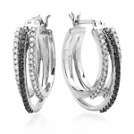 0.75 Carat (ctw) Sterling Silver Black & White Round Diamond Ladies Hoop Earrings 3/4 CT