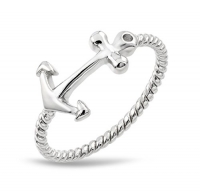 Sterling Silver Rhodium Plated Anchor And Rope Ring, Size 6