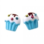 Adorable 1/2'' Light Blue Cupcake Stud Earrings with Sparkling Rainbow Crystals for Girls and Teens