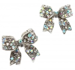 Adorable 3/4 Ribbon Bow Stud Earrings with Sparkling AB (Aurore Boreale) Austrian Crystals Silver Tone