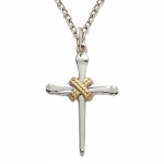 Sterling Silver 3/4 2-Tone Women Nail Cross Necklace with Centered Gold Rope on 18 Chain
