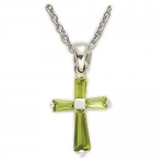 Sterling Silver Girl's August Birthstone Cross on 16 Inch Silver Plated Rhodium Finish Chain