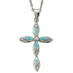 Sterling Silver 1 Cross Necklace with Opal Stones and Crystal Cubic Zirconia Stones on 18 Chain